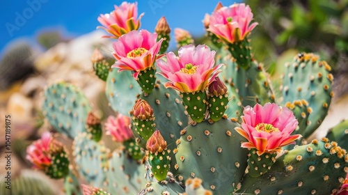 A Vibrant Pink Prickly Pear Cactus in Full Bloom photo