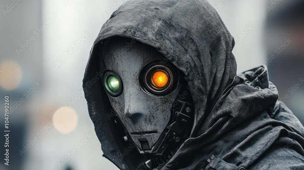 This intriguing image shows a hooded robotic figure with one green and one orange eye, evoking curiosity and uniqueness in a dystopian setting This intriguing image shows a hooded robotic figure with one green and one orange eye, evoking curiosity and uniqueness in a dystopian setting