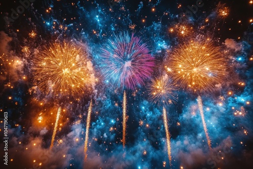 A vibrant display of colorful fireworks lighting up the night sky, creating a festive atmosphere.