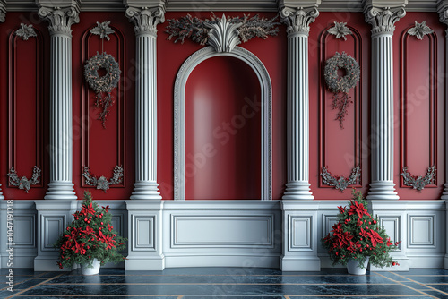 A red room with white pillars and a large archway
