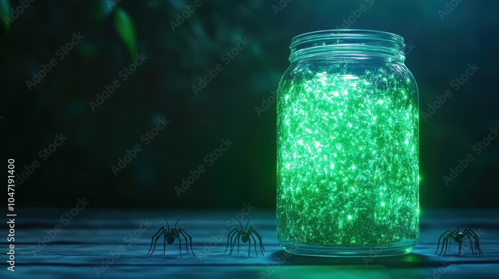 Glowing jar with spooky spiders in a dark, mysterious forest
