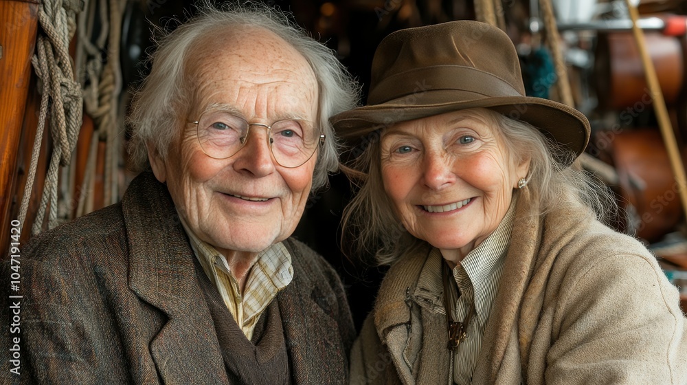 An elderly couple beams with joy, sharing a tender moment at a harbor. They are surrounded by nautical elements, reflecting a life filled with love and adventure An elderly couple beams with joy, sharing a tender moment at a harbor. They are surrounded by nautical elements, reflecting a life filled with love and adventure