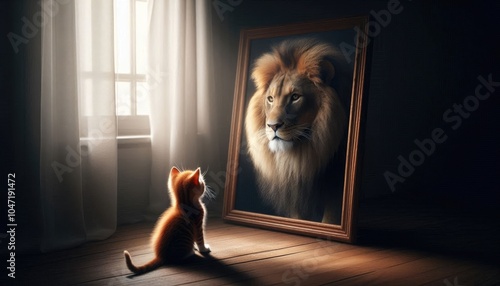 A small cat and kitten sat looking in the mirror, but the reflection in the mirror was a mighty and majestic lion