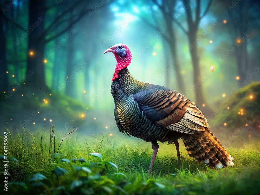 Fototapeta premium Wild Turkey Portrait on Grass with Forest Background - Bokeh Effect Photography