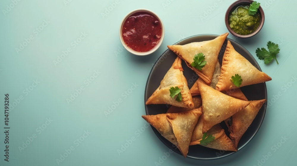 Crispy Fried Samosas with Dipping Sauces and Garnish Crispy Fried Samosas with Dipping Sauces and Garnish