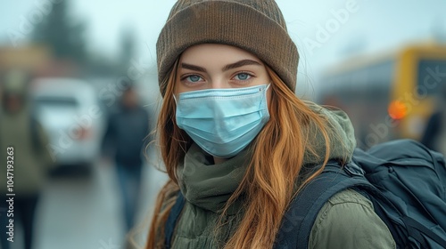 A young woman stands in an urban environment, wearing a brown beanie and a mask. Her piercing blue eyes are noticeable against the gray backdrop of the city