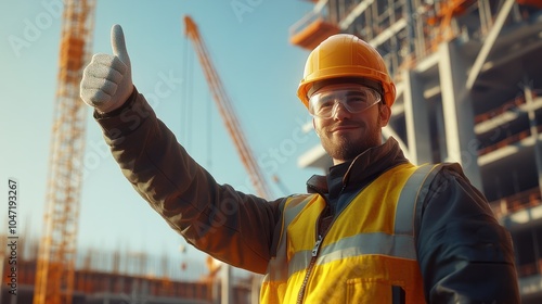 A construction worker in a hard hat and safety gear giving a thumbs up, standing next to a crane on a construction site with steel beams and girders in the background,