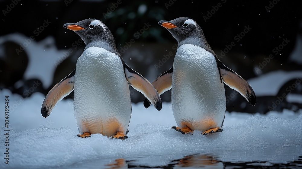 Fototapeta premium Penguins Waddling on Ice at the Zoo