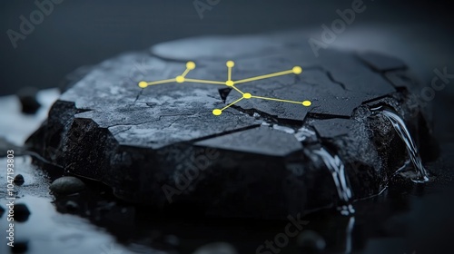 Abstract Network Concept Yellow Dots on Black Rock with Water Flowing