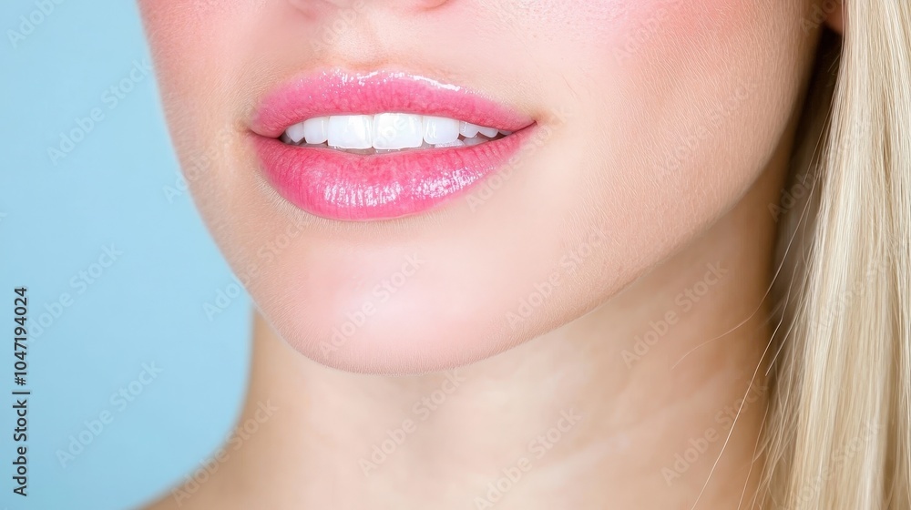 Obraz premium Closeup of Woman s Smiling Lips with Pink Gloss and White Teeth
