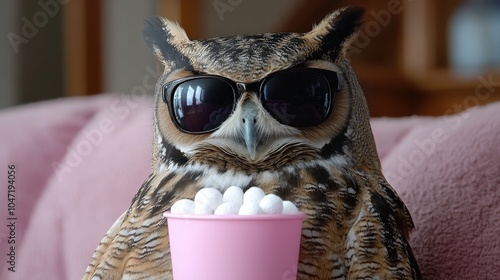 Cool Owl Wearing Sunglasses Holding Pink Cup with White Balls photo