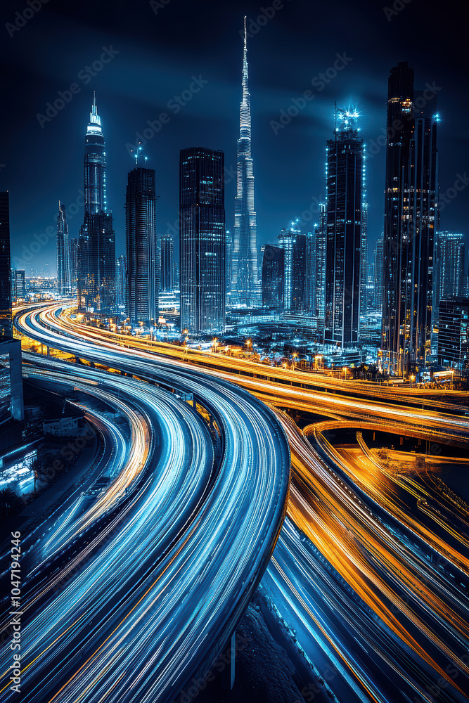 Fototapeta premium Night view of skyscrapers and traffic movement