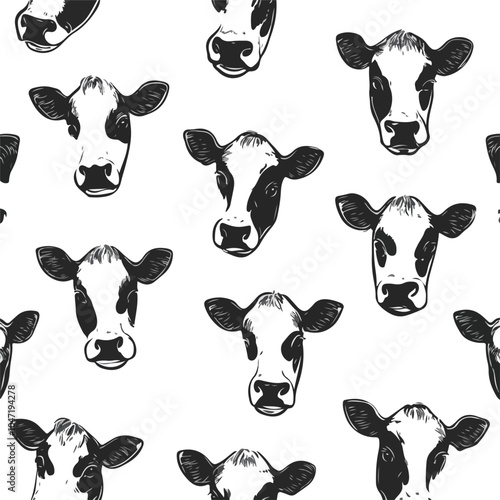 Black and White Cow Seamless Pattern Vector Illustration for Textile Design