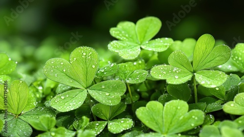 Lush Green Clover Leaves with Dew Drops St Patrick s Day Symbol