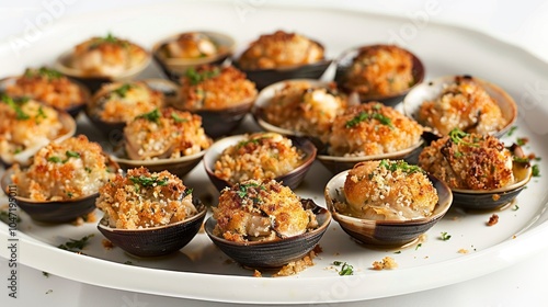 A plate of baked clams, served in their shells, topped with a savory breadcrumb mixture and fresh herbs.