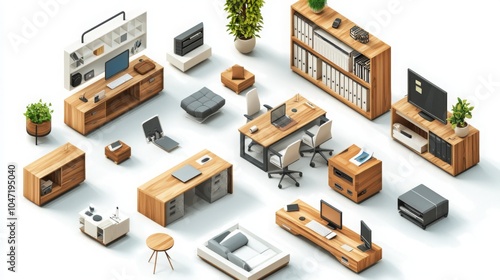 Isometric Office Interior Design Elements for Workspace