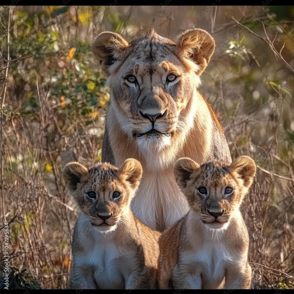 Obraz premium Protecting Lion Cubs A Mother Lion Stands Guard Over Her Two Young, Golden Cubs in Grassland.