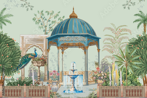 Bild auf Leinwand Ancient Roman garden with balustrade, fountain, temple, dome, peacock, parrot, b