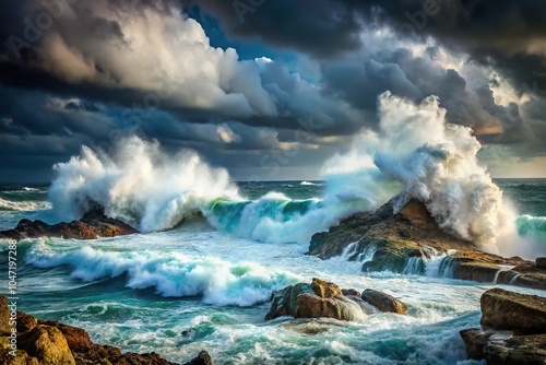 Stormy ocean waves crashing against rocks reflected in water