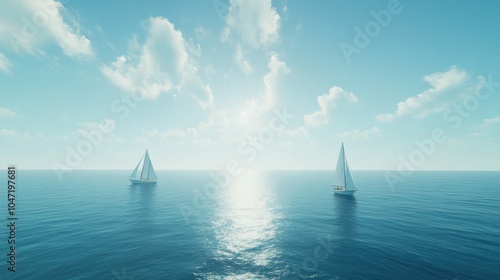 Tranquil Ocean Scene with Sailboats and Blue Sky