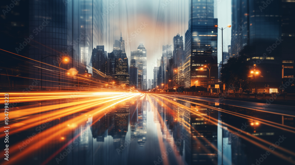 Obraz premium Cityscape with Light Trails and Reflections