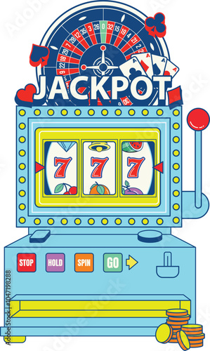 Canvas Print Slot Machine Jackpot with roulette wheel, play cards and lucky 7