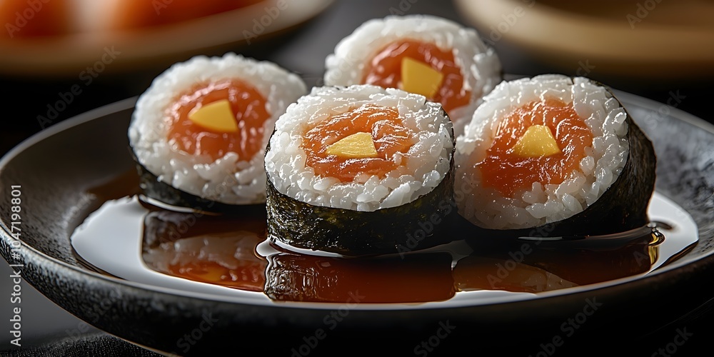 A close-up of delectable sushi rolls featuring rice, salmon, and a touch of mango on a black plate, alongside a glossy soy sauce for dipping. A close-up of delectable sushi rolls featuring rice, salmon, and a touch of mango on a black plate, alongside a glossy soy sauce for dipping.