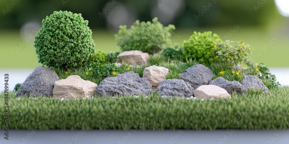 Miniature Garden with Rocks Grass and Bushes Nature Scene Miniature Garden with Rocks Grass and Bushes Nature Scene