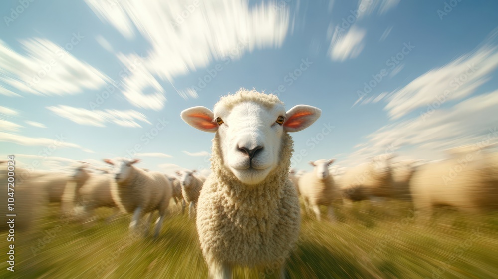 Fototapeta premium Adorable sheep in a field with blurred motion background