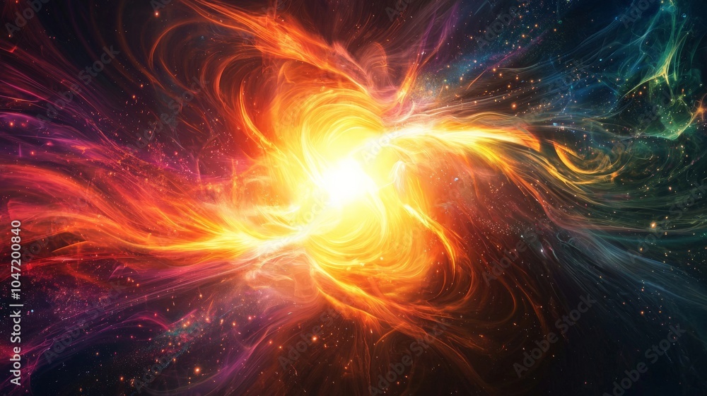 A glowing burst of light emerging from darkness, with abstract swirls of color representing the release of pent-up energy, A glowing burst of light emerging from darkness, with abstract swirls of color representing the release of pent-up energy,