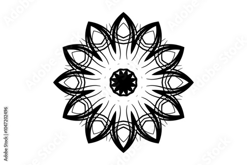 Symmetrical mandala featuring a central star and interconnected geometric shapes on a white background
