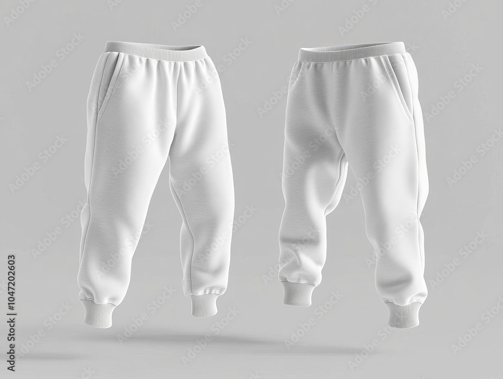 Blank gray sweatpants, front and back view, floating in mid-air with soft shadows on a neutral gray backdrop, Sweatpants, Casual 3D product mockup Blank gray sweatpants, front and back view, floating in mid-air with soft shadows on a neutral gray backdrop, Sweatpants, Casual 3D product mockup