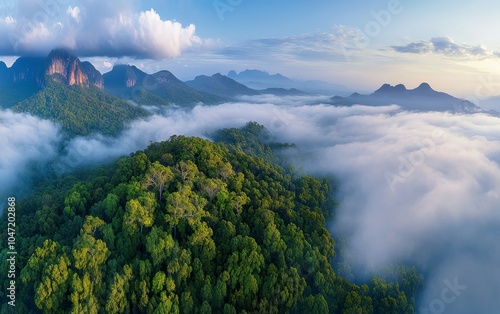 Aerial view of lush green mountains enveloped in mist during sunrise, showcasing nature's beauty. photo