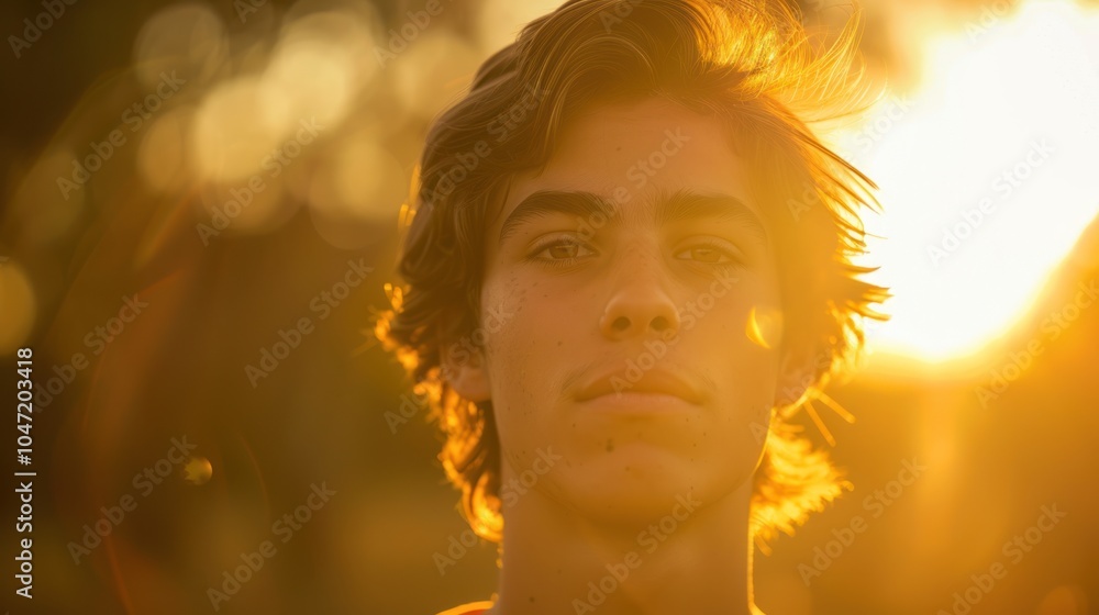 Fototapeta premium Close-up Portrait of a Young Man with Golden Hair in the Sun