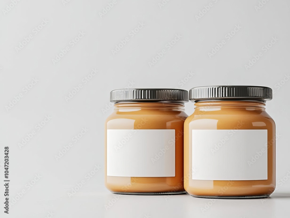 3D peanut butter jar with blank label, arranged on a clean kitchen countertop, natural lighting and soft shadows, product packaging, 3D design 3D peanut butter jar with blank label, arranged on a clean kitchen countertop, natural lighting and soft shadows, product packaging, 3D design