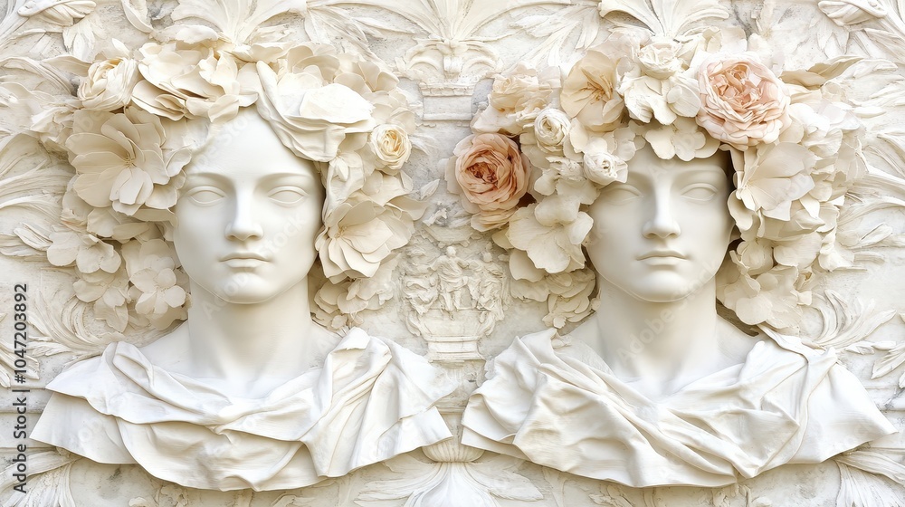 White Marble Busts with Floral Accents Classic Art Vintage Style Romantic Decor White Marble Busts with Floral Accents Classic Art Vintage Style Romantic Decor