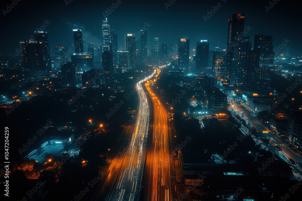 Fototapeta premium Aerial view of skyscrapers and busy streets