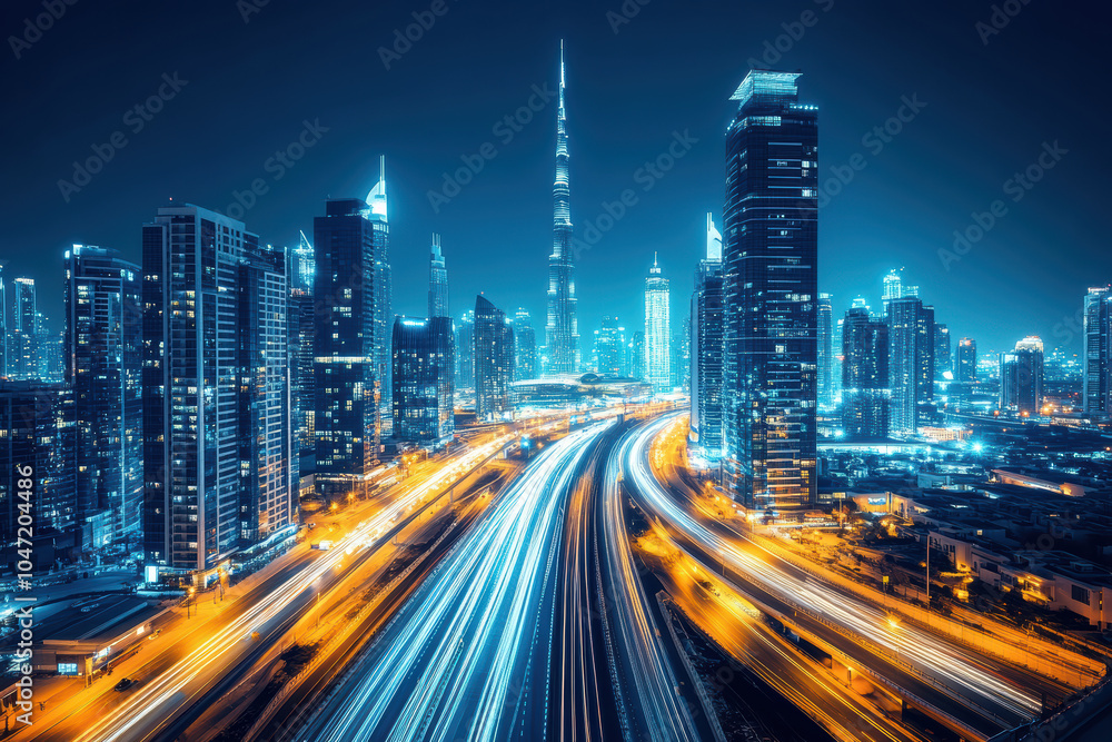 Cars on the highway with blue and yellow light trails Cars on the highway with blue and yellow light trails