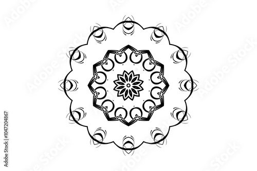 Black and white mandala featuring a central mask and radiating geometric patterns, ideal for cultural or meditative decor
