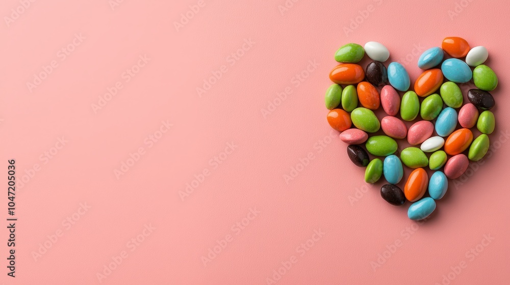 Obraz premium A heart shape made from colorful candies on a pink background.