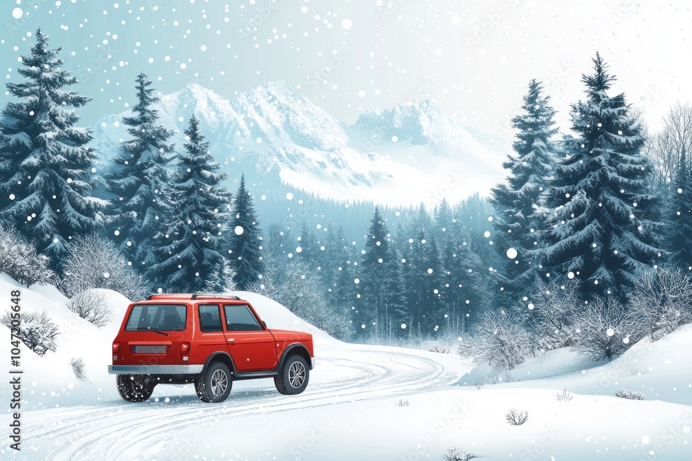 A red vehicle on a snowy road amidst mountains and pine trees, creating a serene winter scene. A red vehicle on a snowy road amidst mountains and pine trees, creating a serene winter scene.