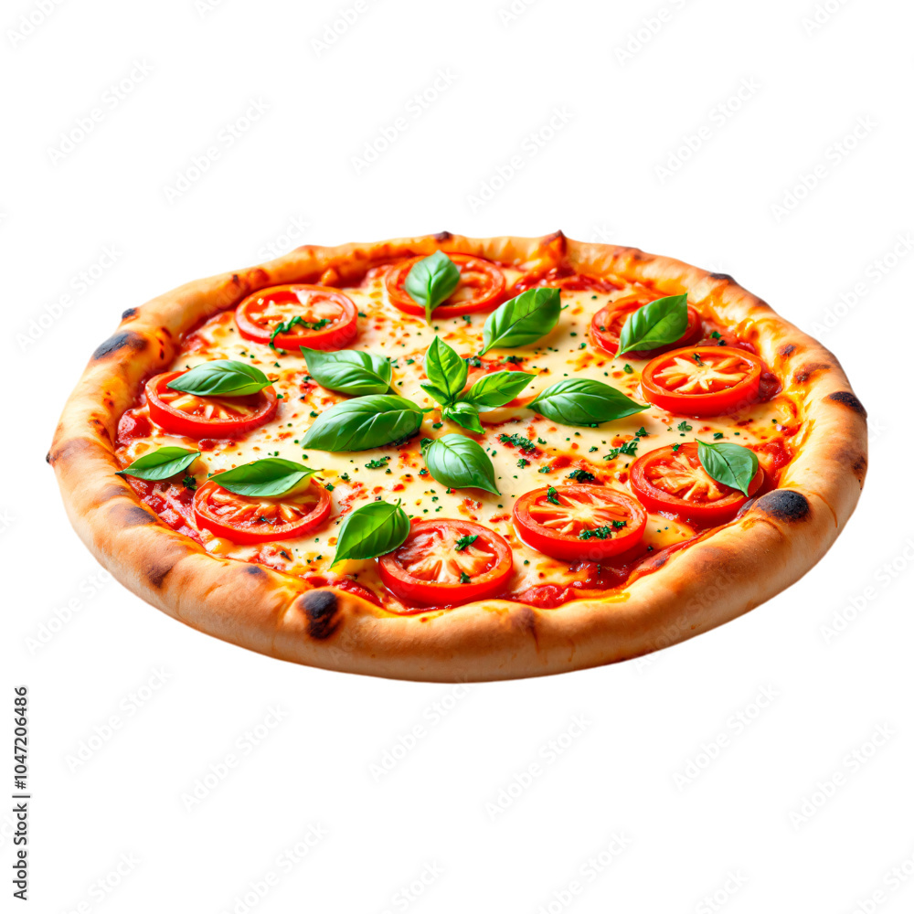 Hot testy pizza with tomatoes, mozzarella, mushrooms, olives, red pepper and basil on transparent background Hot testy pizza with tomatoes, mozzarella, mushrooms, olives, red pepper and basil on transparent background