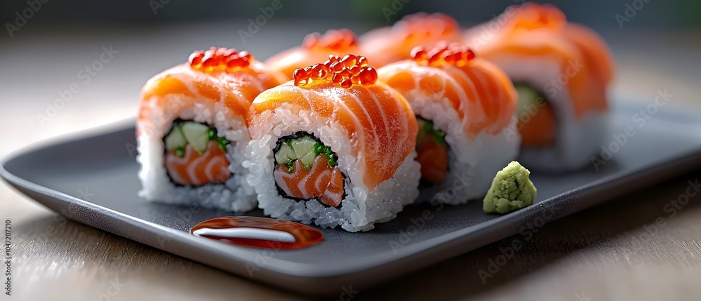 A close-up of vibrant salmon sushi rolls arranged neatly on a slate plate, garnished with fish roe and wasabi, showcasing the artistry of Japanese cuisine. A close-up of vibrant salmon sushi rolls arranged neatly on a slate plate, garnished with fish roe and wasabi, showcasing the artistry of Japanese cuisine.