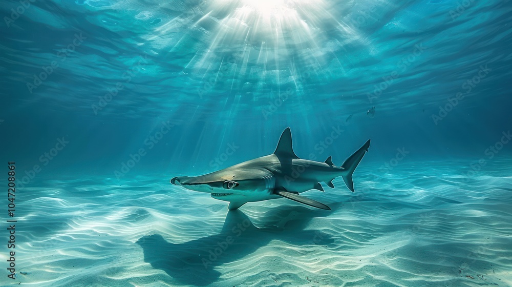 Obraz premium A Hammerhead Shark Swimming Through Sunlit Water