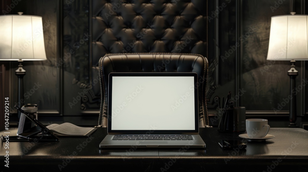 Laptop on a Black Leather Desk with a White Coffee Cup in a Luxurious Office Laptop on a Black Leather Desk with a White Coffee Cup in a Luxurious Office