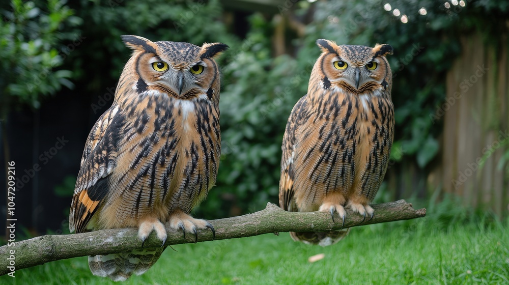 Fototapeta premium Owls Perched on Branches in a Zoo Environment