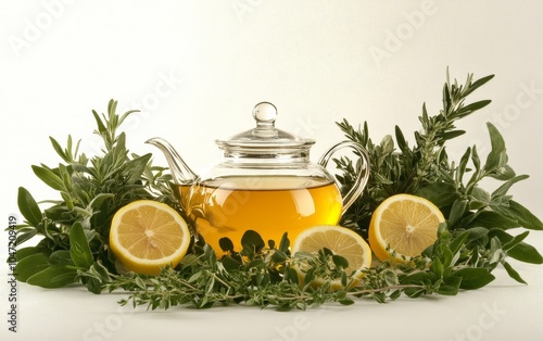 A glass teapot surrounded by fresh herbs and lemon slices, emphasizing a healthy beverage.