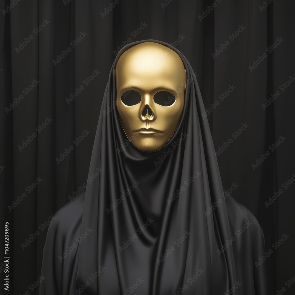 Mysterious golden mask shrouded in dark fabric Mysterious golden mask shrouded in dark fabric
