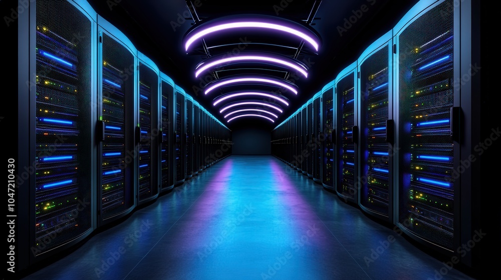 Modern Data Center Server Racks with Neon Lights Futuristic Technology Concept Modern Data Center Server Racks with Neon Lights Futuristic Technology Concept