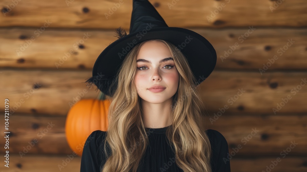 Enchanting witch in black hat and orange pumpkin Enchanting witch in black hat and orange pumpkin